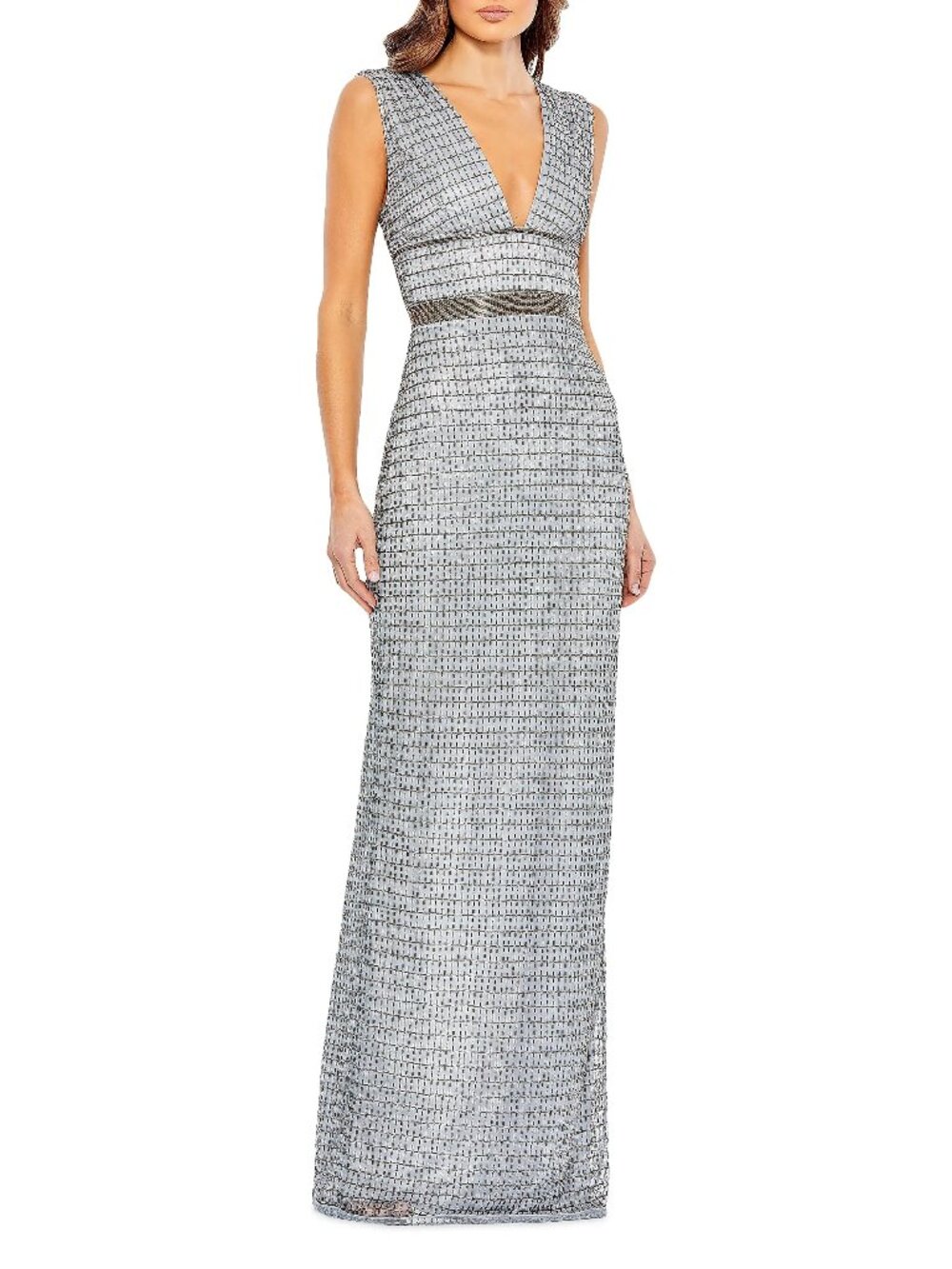 Mac Duggal Beaded Silver Maxi Dress Column Plunge V-Neck Sleeveless 5625 Sz 10